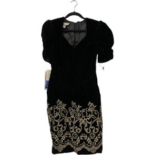 Vtg Jessica McClintock Gunne Sax Womens Dress Black Velvet Gold Embellished 7/8