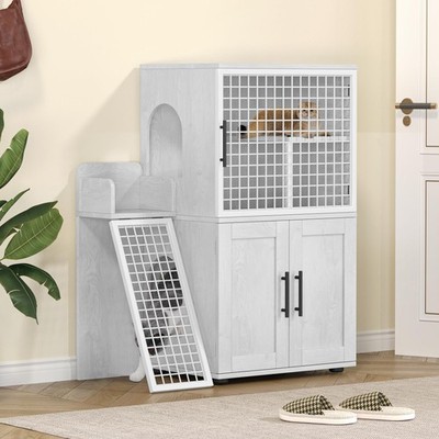 Modern Cat Litter Box Enclosure with Platform, Double Layer Hidden Litter Box...