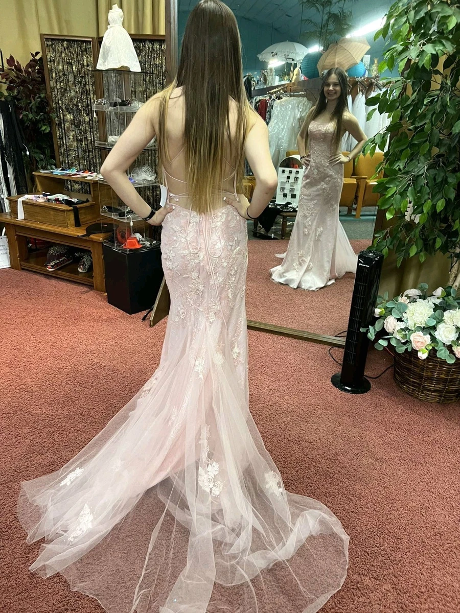 strapless open back dress Light Pink Prom Dresses, Long Lace Mermaid Prom Dresses, Halter Prom D –  Oktypes main image 0