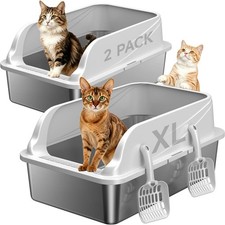 2 PACK Stainless Steel Litter Box Metal Litter Boxs W/ Lid High Sides Large