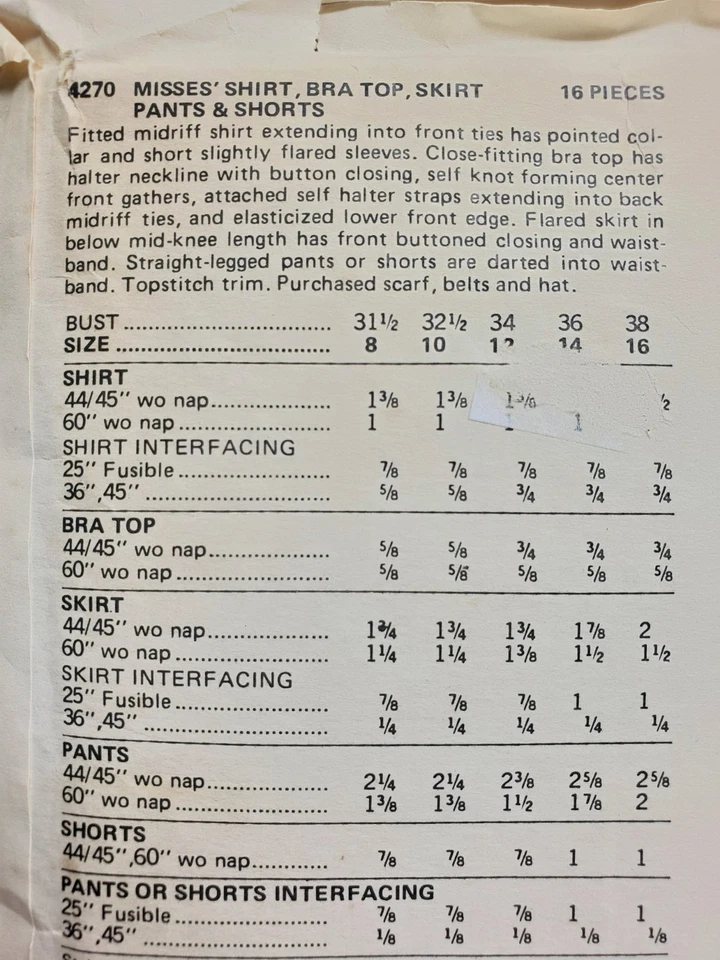 Vtg Butterick Pattern 4270 Shirt Crop Top Skirt Pants Shorts Halter Miss 10 CUT - Image 4 of 4