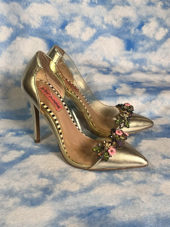 Betsey Johnson Gold & Acrylic Gem Floral Embellished Heels size 7.5 - Image 3 of 4
