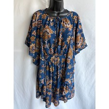 Kindom Batwing Sleeve Blue Tunic Dress Floral Size S Gypsy Boho Ethnic Beachy