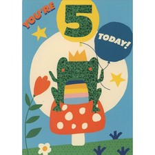 You're 5 Today Frog Sitting on Mushroom 5th Birthday Card