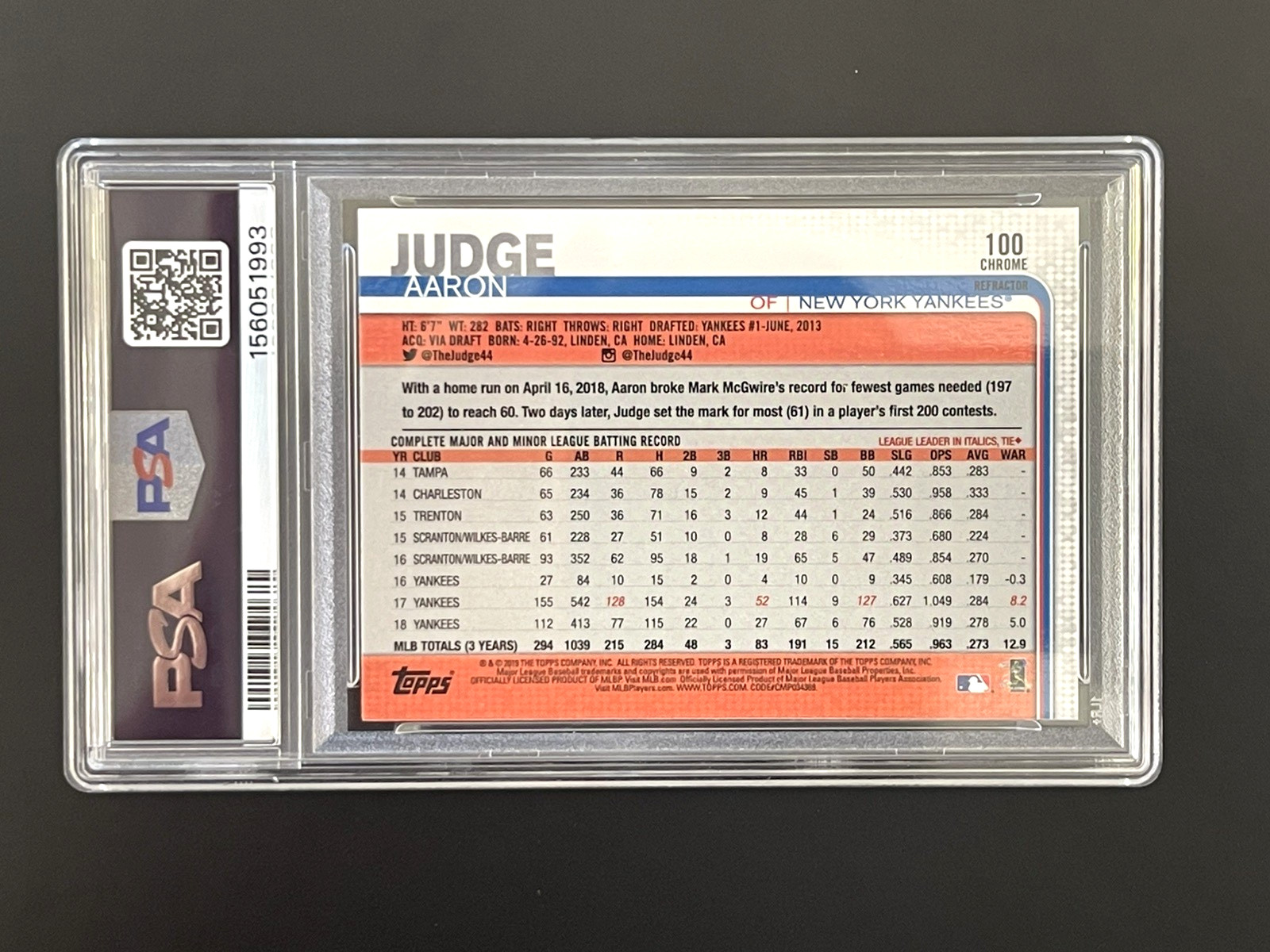2019 Topps Chrome Aaron Judge #100 X-Fractor PSA 9 MINT view 3