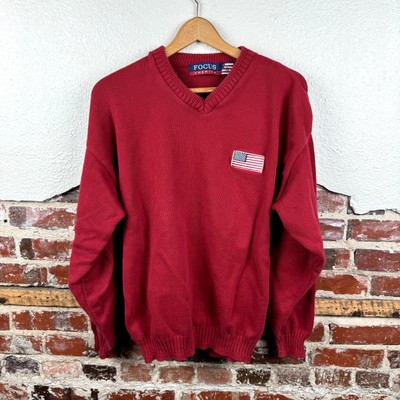 Vintage Focus America Sweater Sz XL Red Cotton V Neck Pullover American Flag USA