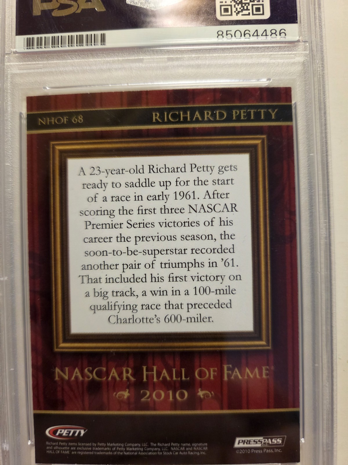 RARE Richard Petty 2010 Press Pass Hall of Fame PSA Authenticated Autograph Card view 10