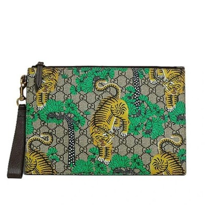 Gucci GG Supreme Tiger Clutch Tasche Beutel 451473 PVC Leder Beige...