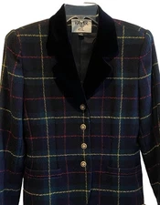 Kasper ASL Wool Plaid Blazer 4 Navy Velvet Collar Gold Buttons