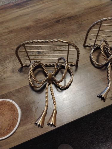 Vtg Pair Gold Copper Tone Metal Hollywood Regency Rope Bow Hanging Wall Shelves - Picture 2 of 5