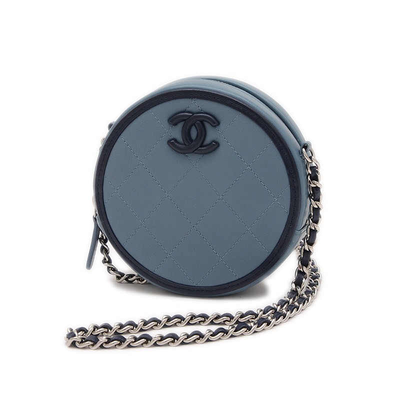 CHANEL Coco Mark Round Chain Pouch Lambskin Blue AP0245