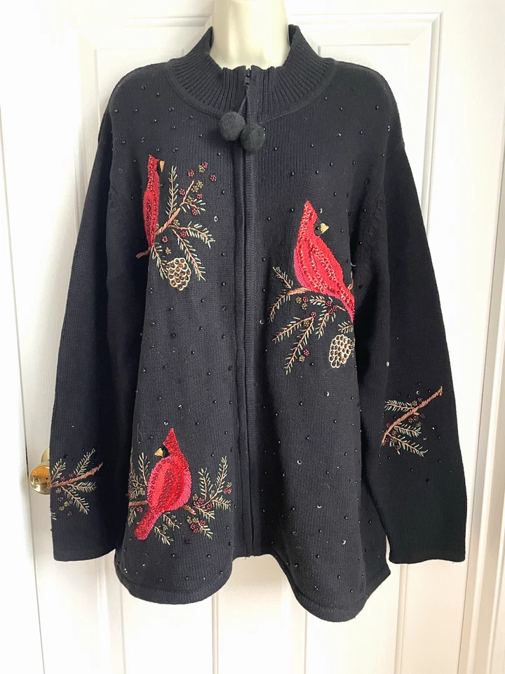 Quacker Factory Embroidered Full Zip Sequins Cardinal Sweater sz 2X NWT Cardigan - Image 2 of 4