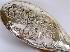 Antique 1904 William Neale Art Nouveau PANSY Sterling Silver Repousse Hair Brush