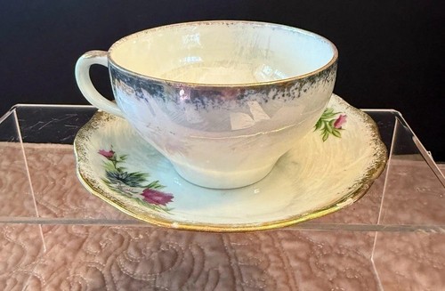 Floral Tea Cup and Saucer with Gold details. Pink, Green, Gold Porcelain, China