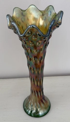 Vintage Fenton Rustic Hobnail Design Swung Green Carnival Glass Vase