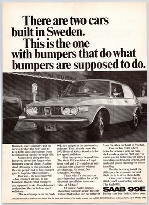 1972 SAAB 99E Sedan Impact Absorbing Bumpers Classic Car Vintage Print Ad 1970s