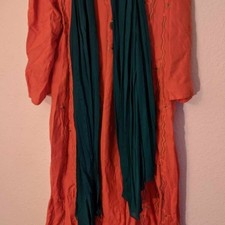 Traditional Orange Embroidered Kurta with Dark Green Scarf and Matching Pants
