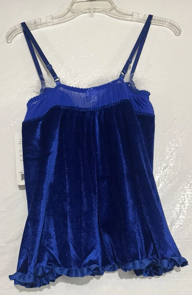 全新 复古 2 件装 好莱坞 Shirley Sm 皇家蓝色天鹅绒/白色羽毛迷彩/丁字裤 — 第 3/4 张图片