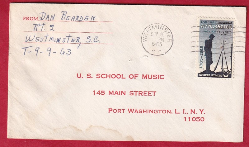 1965 cover Dan Bearden Westminster SC to US School Of Music Port Washington NY