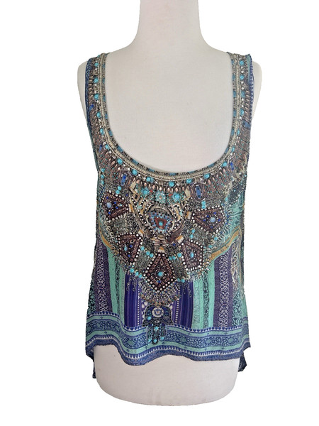 Camilla Ottoman Sky Silk Tank Top- Size 3 - Long Back - Embellished- Hasma Hand