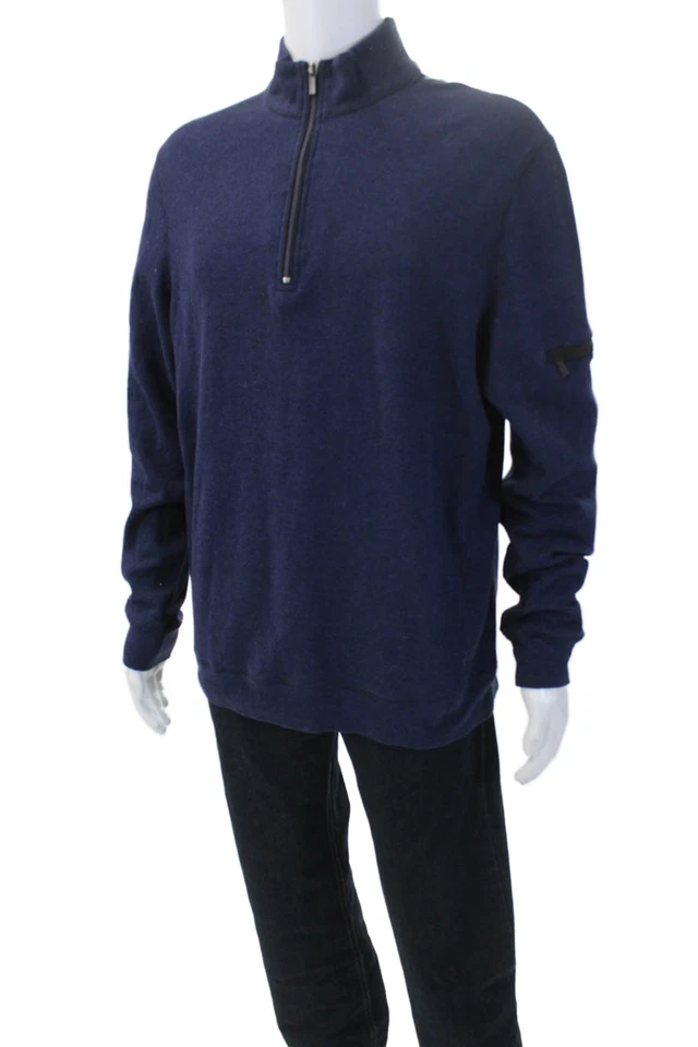 Suéter Pullover Bugatchi Para Hombres Manga Larga Media Cremallera Tejido Azul Marino Talla 34 EUR Foto 2 de 4