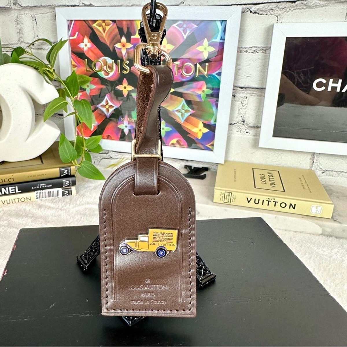 Louis Vuitton brown large size leather luggage name tag bag charm