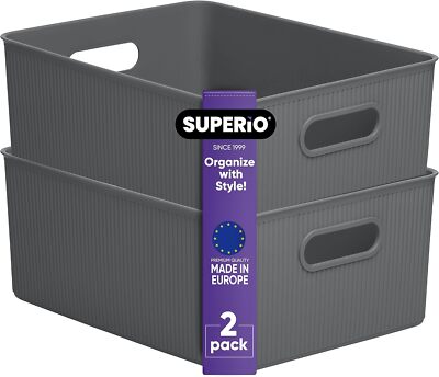 Superio 15L Medium Ribbed Storage Bin- Plastic Storage Bin  (2 Pack, Grey)
