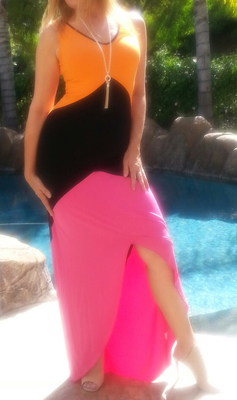 Maya Antonia-PLUS- Salsa Black-Hot Pink-Orange High-Low Color-Block Maxi Dress