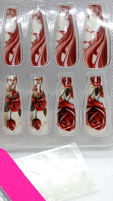 24 pc.  long coffin Red Rose Glamour party Faux Press on nails