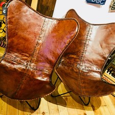 Butterfly Real Leather Folding Lounge Chair Rustic Metal Frame