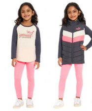 PUMA Kids Girls 3 Piece Puffer Vest Set Grey Hot Pink  White S 6 NEW QUICK SHIP