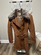 Genuine Lambskin Brown Leather Trench Coat W Belt & Fur Collar - June Size Large