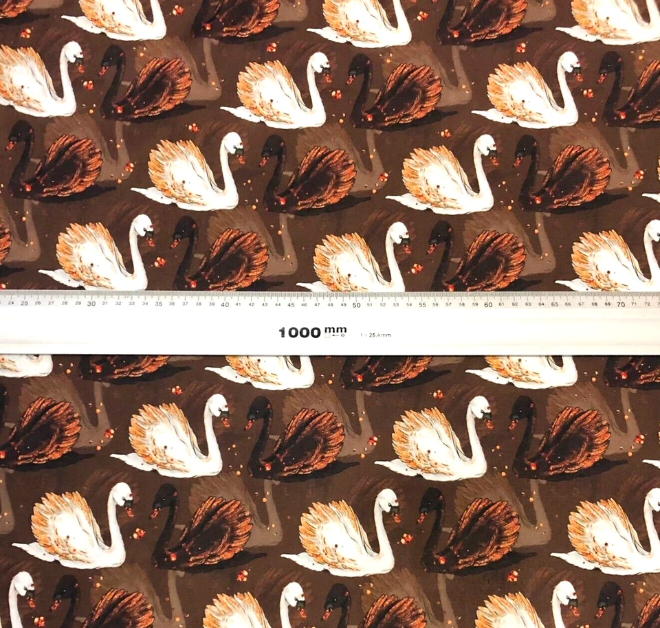 Baumwollstoff Meterware Schwäne Weiß Schwarz auf Braun Black Swan Wasser Vogel - Bild 3 von 4