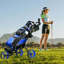 NNECW 3-Wheel Folding Golf Push Cart with Adjustable Handle &amp Padded Seat-Blu