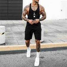 Men Summer Outfit 2-Piece Set Sleeveless Shirt and Shorts Sweatsuit Set