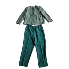 Vintage Alfred Dunner Tweed Jacket Blazer Pant Set Size 16P Pants 12P Teal Green