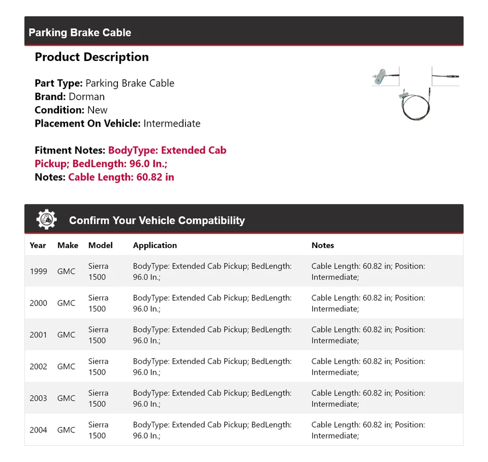 Cable de freno de estacionamiento Dorman de cabina extendida para GMC Sierra 1500 1999-2004 2000 2001 Foto 2 de 4