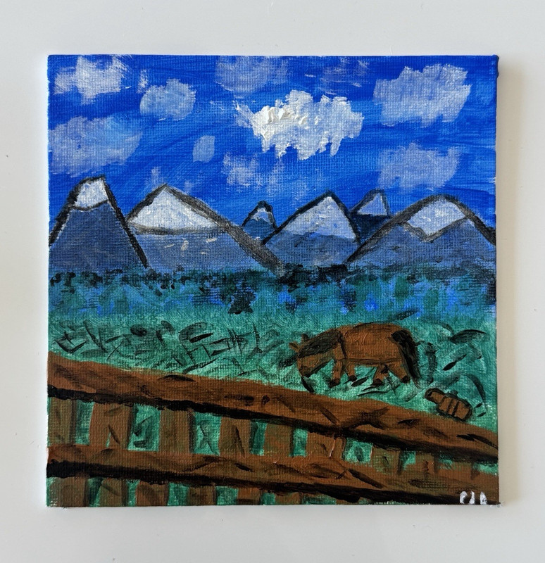 Signed Modern Naive Landscape Painting Mountains Sky Clouds Horse Small Unframed