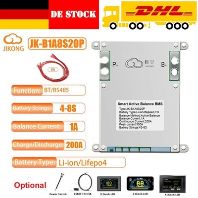 JK 4S-8S 200A Smart BT BMS LiFePo4 Li-ion 1A Active Balance + RS485/ LCD DE AEU