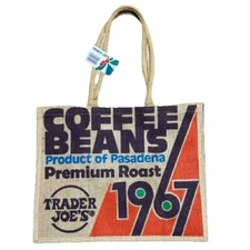 TRADER JOE'S 17" Coffee Beans 1967 Burlap Tote Bag | Pasadena Premium Roast NWT