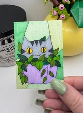 ACEO Original LKZArtCreations Alcohol Stained Glass Inspired Cat in a Plant