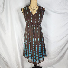 Y2K Vintage APT 9 Size 10 Brown Blue Chiffon Empire Waist Asymmetrical Dress EUC