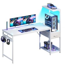 54 Inch Gaming Desk with Storage LED Lights, Reversible Computer Desk with ...