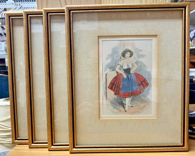 4 FRAMED GLAZED COLOURED LITHOGRAPHS  WOMEN IN DANCE COSTUMES - 22 X 26cms (P3)