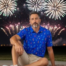 Birdie Bound Mens Blue Neon Cocktail Print Performance Golf Polo Shirt Size M