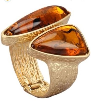 Gold Tone Bypass Ring with 2 Amber Cabochon Gemstones, Bezel Set, Sizable