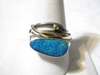 VINTAGE CUSTOM MADE LARGE STERLING SILVER 18K GOLD BLUE OPAL RING - SZ 11
