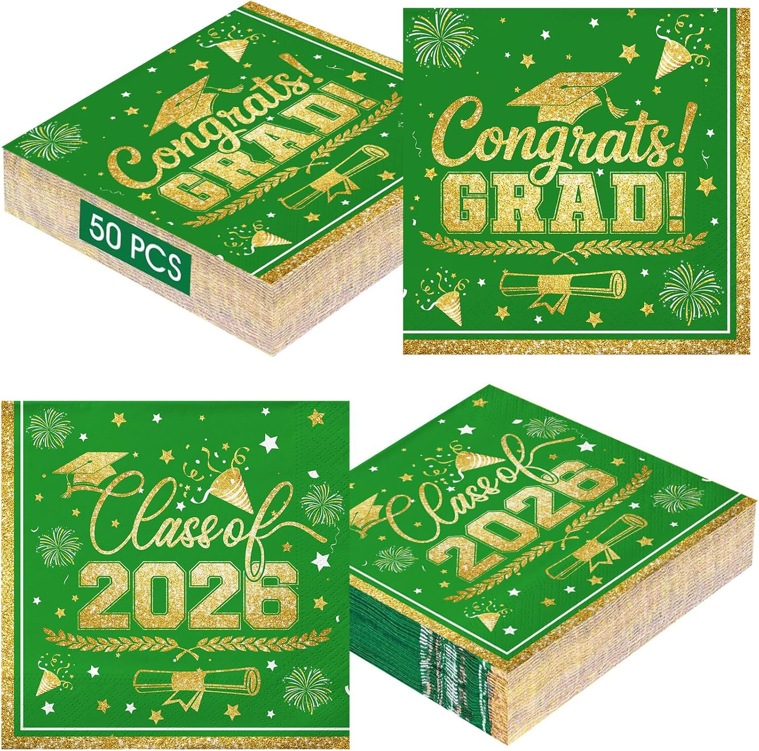 50Pcs Graduation Napkins Class of 2026 - Green Gold Congrats Grad Napkins Set, D