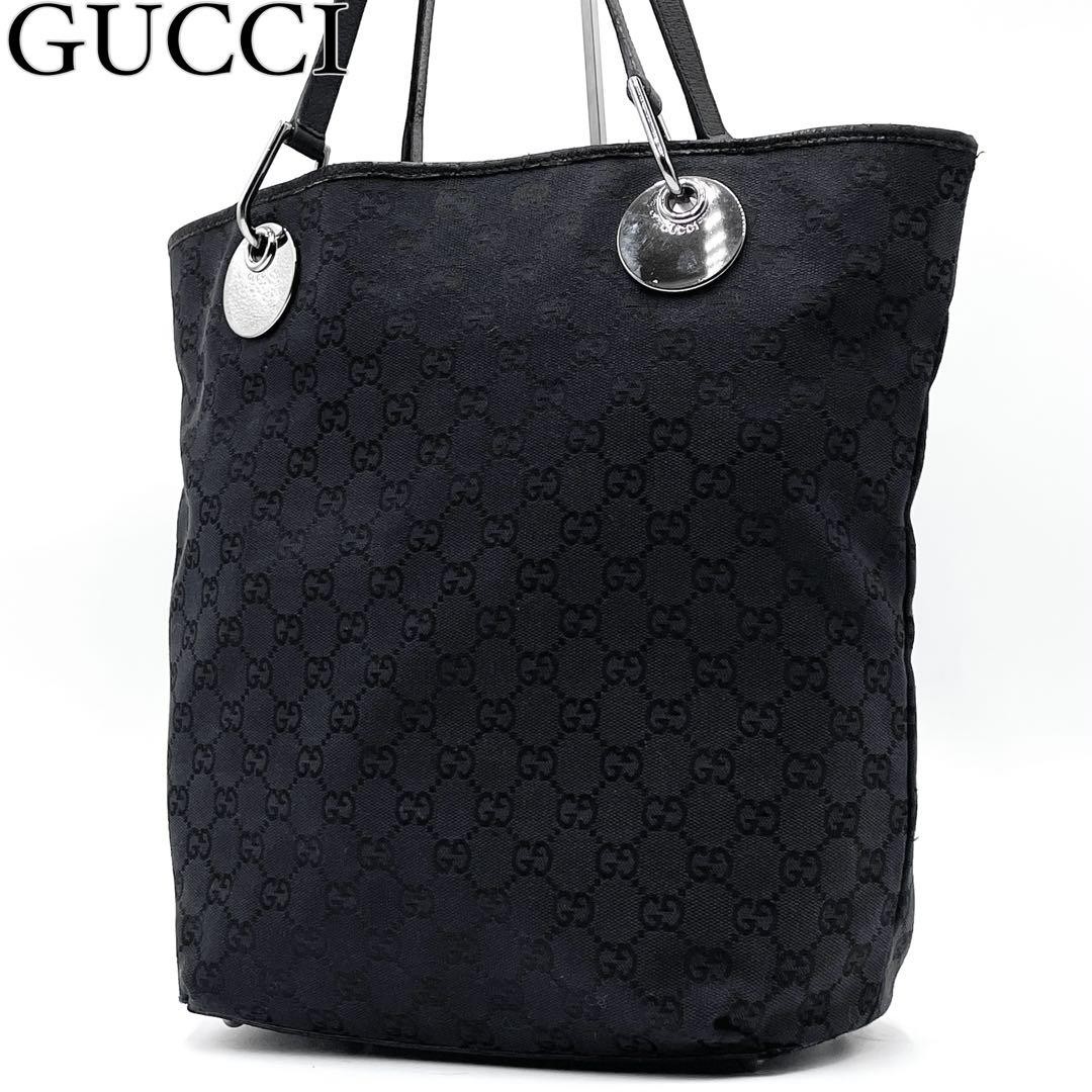 GUCCI GG canvas tote shoulder bag with black leather trim