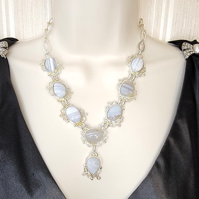 Vintage Ornate Banded Botswana Agate Necklace Silver-tone Filigree Victorian 18''